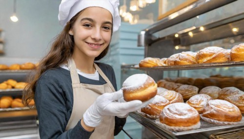 Ai generated, woman, 20, 25, years, shows, bakery, bakery shop, baquette, white bread, France,