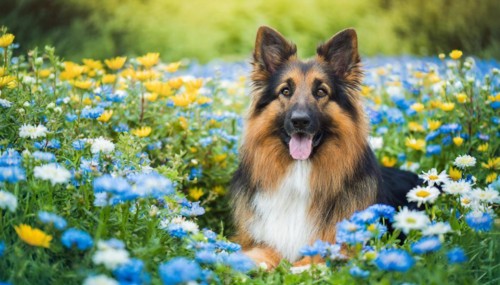 KI generated, A German shepherd dog lies in the grass of a meadow with many flowers