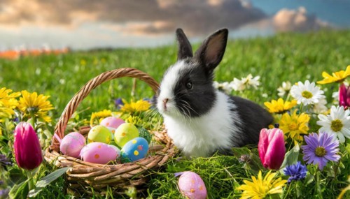 Ai generated, An Easter basket with coloured eggs in a meadow with colourful flowers, in the basket