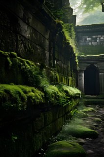Weathered ancient city wall cloaked in a delicate tapestry of moss embodies resilience, AI