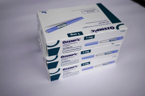 Four stacked Ozempic medication boxes on a light-coloured background, for diabetes 2 patients,