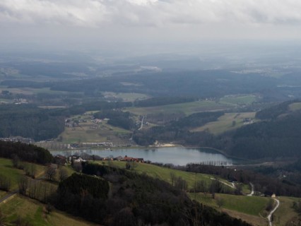 View of the Stubenbergsee lake and the East Styrian hills, Berg Kulm, Puch bei Weiz, East Styria,