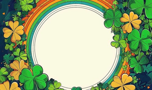 Vintage-inspired illustration featuring a circular frame, rainbow, and shamrocks on a dark