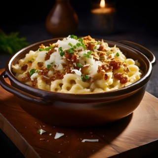 Spaetzle in a velvety cheese sauce with crispy fried onions, AI produced, AI generated