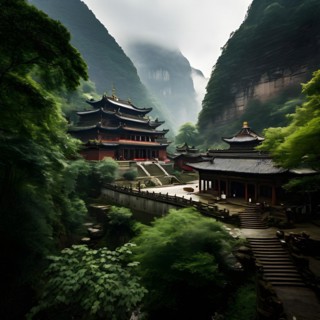 Shaolin monastery cradled by verdant foliage, AI generated