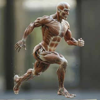 Three-dimensional anatomical model in a jumping pose with highlighted muscle structure, AI