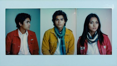 Vintage film 35mm retro portrait photo triptych of asian indonesian individual close-up portraits
