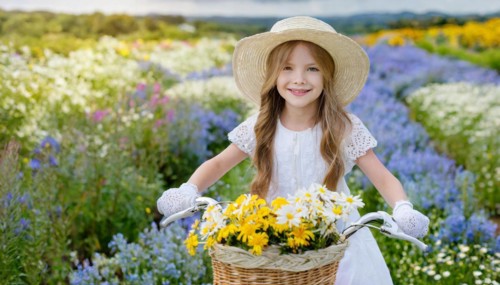 KI generated, A blonde girl rides her bike and enjoys the summer in a meadow with many flowers,