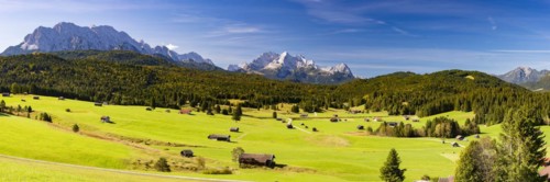 Humpback meadows between Mittenwald and Kruen, Werdenfelser Land, behind it the Zugspitze, 2962m,