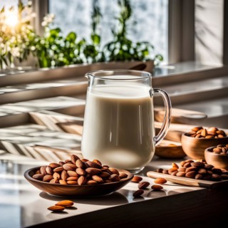 Almond milk cascades into a glass backlight from a sunlit window casting a warm glow on the