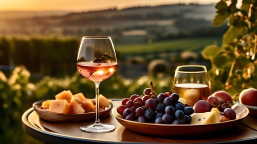 Ros wine glass showcasing its elegant curvature paired with a-diverse platter of ripe fruits, AI