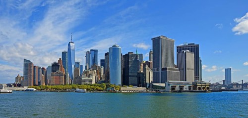 Skyline with skyscrapers in the Financial District, Battery Park in the foreground, One World Trade