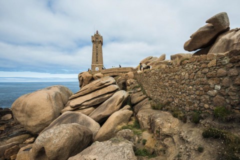 Lighthouse and granite rock, Phare de Ploumanac'h, Phare de Mean Ruz, Cote de Granit Rose,