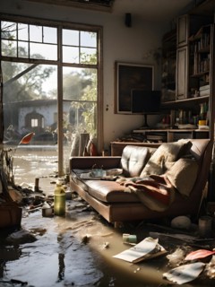 Interior of a flooded home furniture and personal items drenched, AI generated