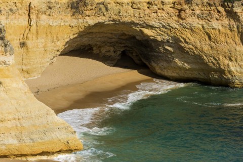 Beach section with rocky coast at the Algarve, summer holiday, weather, sunny, Atlantic, panorama,