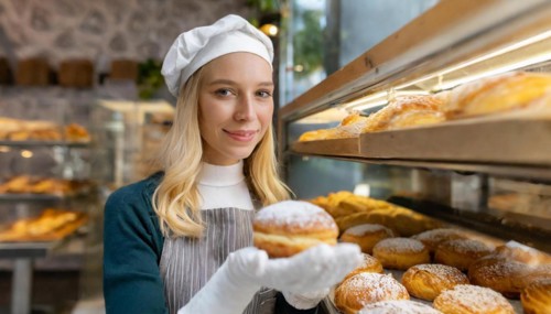 Ai generated, woman, 20, 25, years, shows, bakery, bakery shop, baquette, white bread, France,