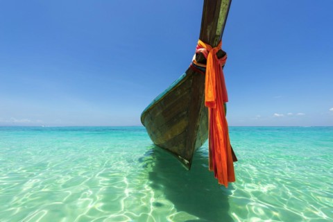 Longtail boat, fishing boat, wooden boat, decorated, tradition, traditional, faith, cloth,