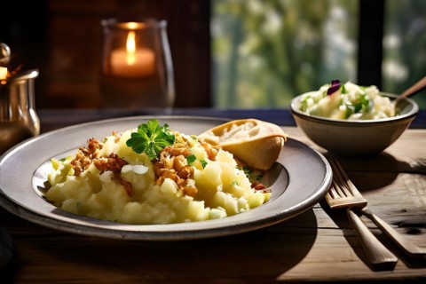 Rustic table with Maultaschen, garnished with crispy onions and a potato salad, AI generated, AI