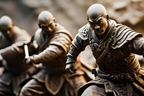 Shaolin warriors carved into stone locked in an epic battle, AI generated