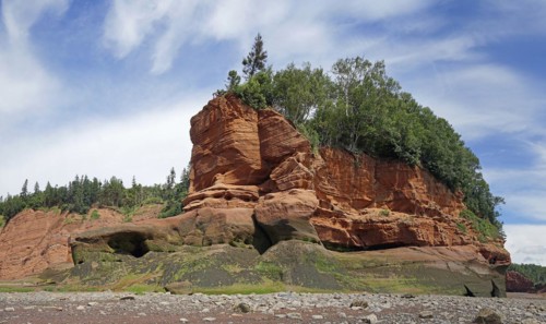 Wooded cliffs, red sandstone, Five Islands Provincial Park, Fundy Bay, Nova Scotia, Canada, North