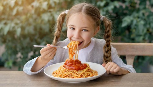 KI generated, A girl, 10, years, eats a plate of spaghetti with relish