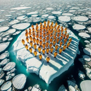 Aerial view of group people wearing yellow winter garment standing on a large block of ice in the