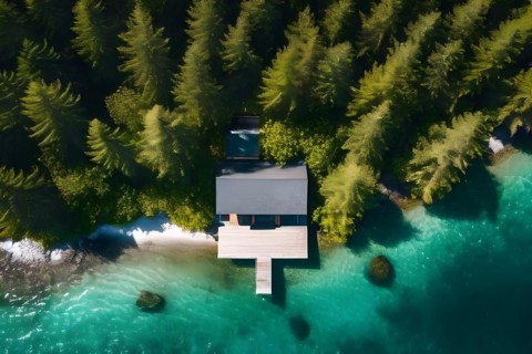 Drone view top down perspective of a minimalist cabin solitary on a secluded island, AI generated,