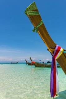 Longtail boat, fishing boat, wooden boat, decorated, tradition, traditional, faith, cloth,