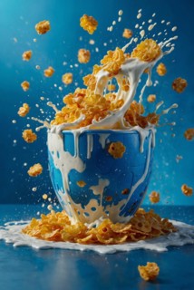 Dynamic milk and cereal splash over a blue bowl on a blue backdrop, AI generated