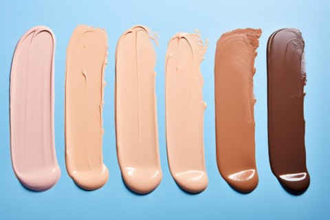 Different makeup foundation swatches for caucasian and black skin tones on blue background. KI