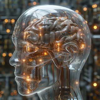 Medical a human head with brain and computer chip, symbol image KI in the human brain, ai