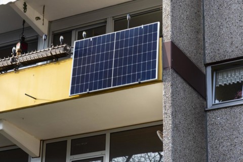 Balcony power plant Solar panel on a balcony in Monheim am Rhein, Germany, Europe