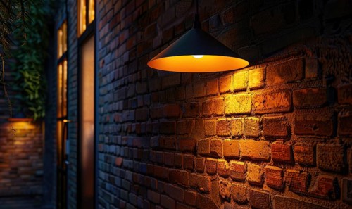 An industrial-style pendant lamp hangs against a brick wall, emanating a soft, warm light AI