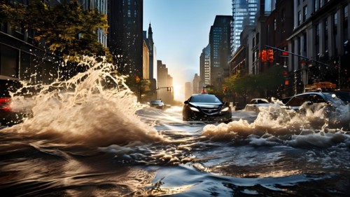 Dynamic rush of water as it inundates an urban street partially, AI generated