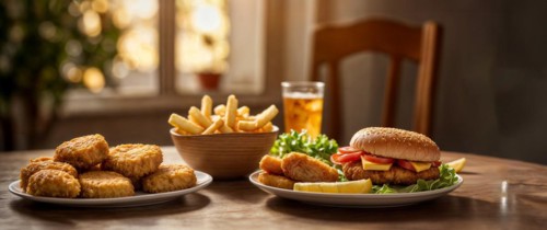 A fast-food dinner at home with a burger, fries, chicken nuggets and a soda, wide horizontal aspect