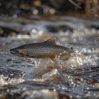 Salmon (Salmo salar) on the migration and swim up a stream in shallow, clear water, ai generiert,