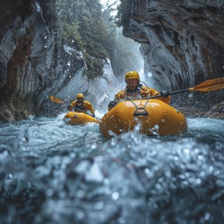 Whitewater riders ride boats through rapids, AI generated
