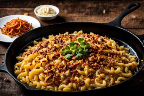 Cheese spaetzle nestled in a cast iron skillet fried onions caramelized to a golden crisp, AI