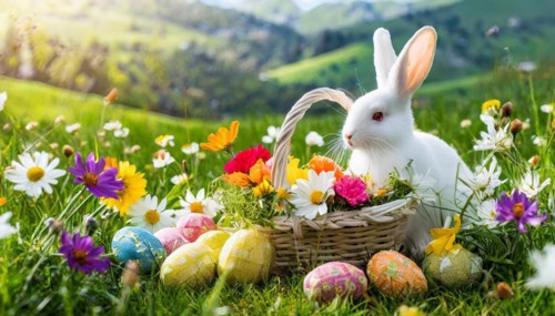 Ai generated, An Easter basket with coloured eggs in a meadow with colourful flowers, in the basket