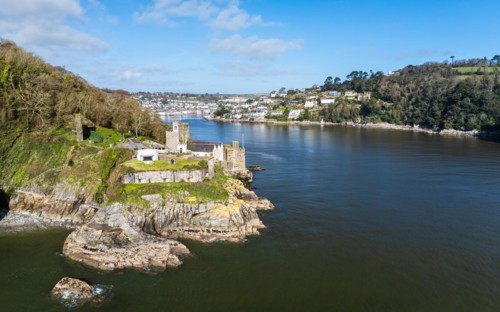 Dartmouth Castle over River Dart from a drone, Dartmouth, Kingswear, Devon, England, United