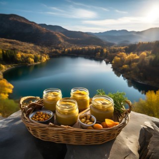 Basket brimming with glass jars filled with homemade hummus partnered with carrot sticks, AI