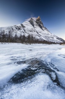 Ice structures in front of Mount Otertinden, Signaldalen, Lyngenfjord, Tromso, Norway, Europe