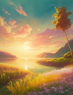 Beautiful illustration of riverside scenery, summer season in pastel colors. Blooming purple