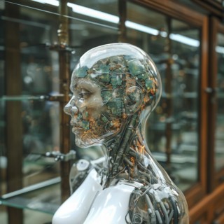 Medical a human head with brain and computer chip, symbol image KI in the human brain, ai