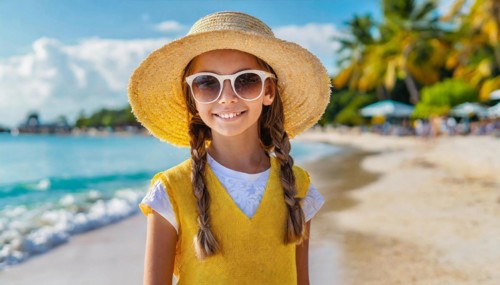 KI generated, An 8 year old blonde girl with sunglasses and a straw hat is on holiday on the beach