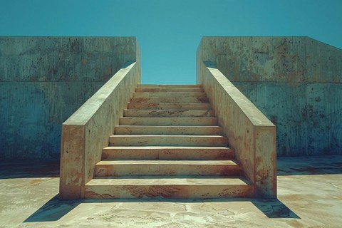 Weathered concrete staircase under a clear blue sky, creating an abstract geometric shape, AI