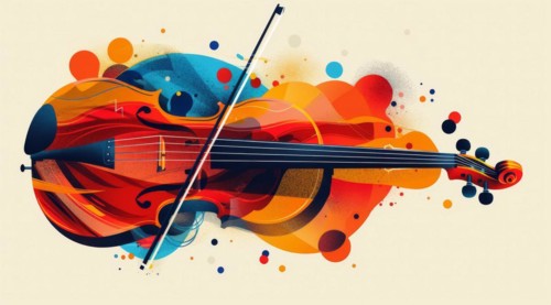 Vivid and abstract representation of a cello with blue and orange geometric shapes and curves, ai