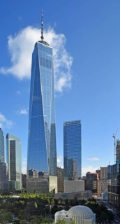One World Trade Centre or Freedom Tower skyscraper, Ground Zero, Lower Manhattan, New York City,