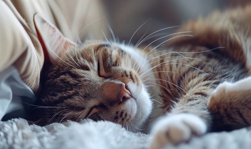 A tabby cat sleeps peacefully wrapped in soft blankets AI generated