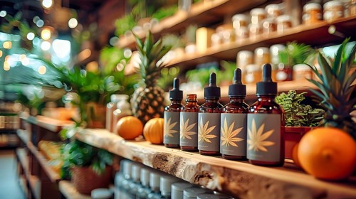 Medicinal drops extracted from hemp (cannabis) are sold in a bottle with a pipette in a drug shop,
